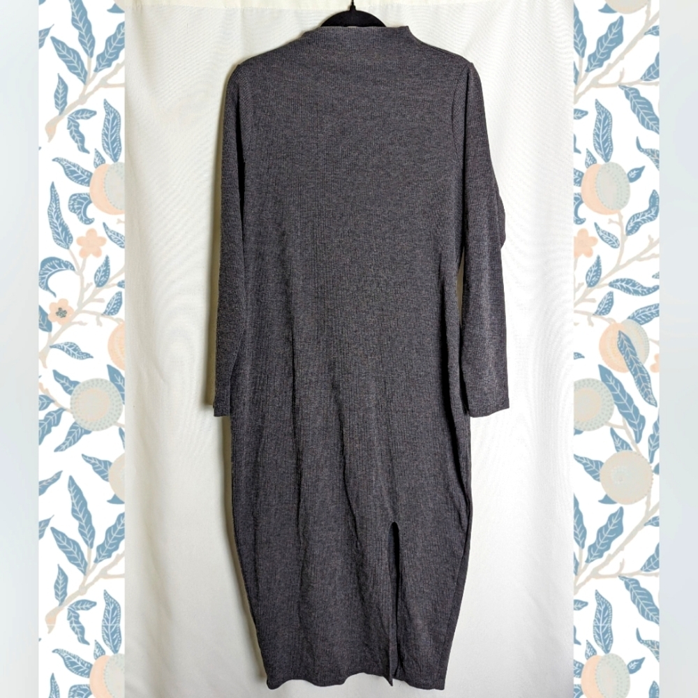 Gray Mock Neck Fitted‎ Midi Dress with front Split